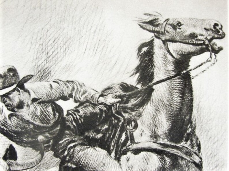 BULLDOGGING Etching by R H Palenske Talio-Chrome ca 1945