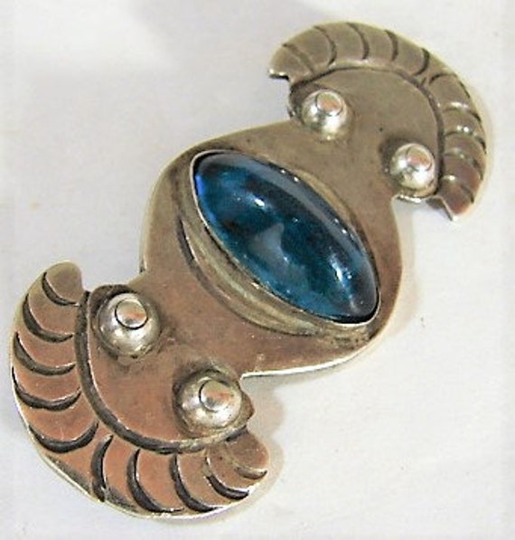 Early Taxco 980 Silver Brooch, Blue Stone, Safety… - image 2