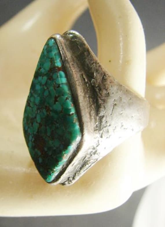 Large Dramatic Sterling and Turquoise Ring, Diamo… - image 7