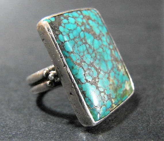 Massive Vintage Native American Navajo Spiderweb Turquoise Square Sterling Silver Ring Massive Vintage Native American Navajo Spiderweb Turquoise Square Sterling Silver Ring