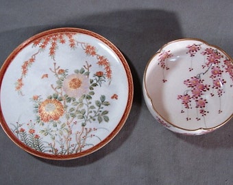 Satsuma Plate and Bowl, Koshida Bowl, Seizan Dish, Floral with Gilding