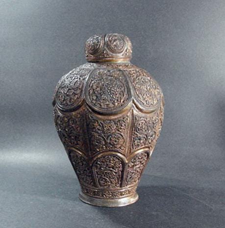 Kashmir Carved Copper Lidded Vase, Heavy Weight With Deep Rich