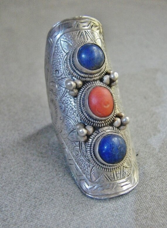 Large Chinese Silver Lapis Lazuli and Coral Ring … - image 1
