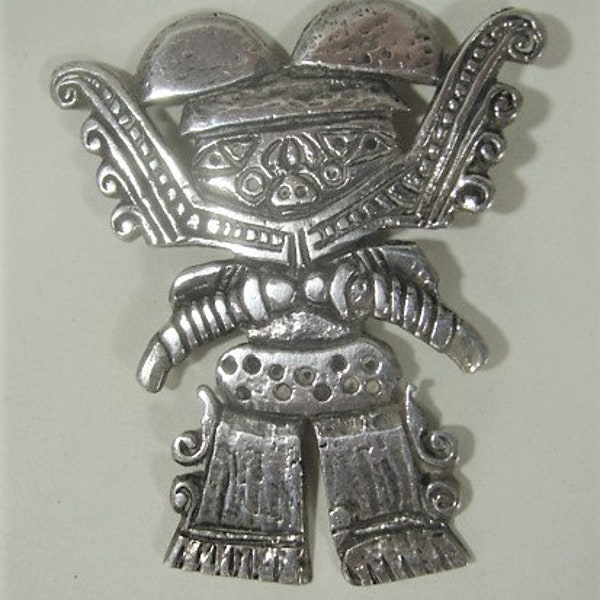 Large Silver Warrior Brooch - 2 1/2" - Elaborate Aztec Inca Mayan Costume