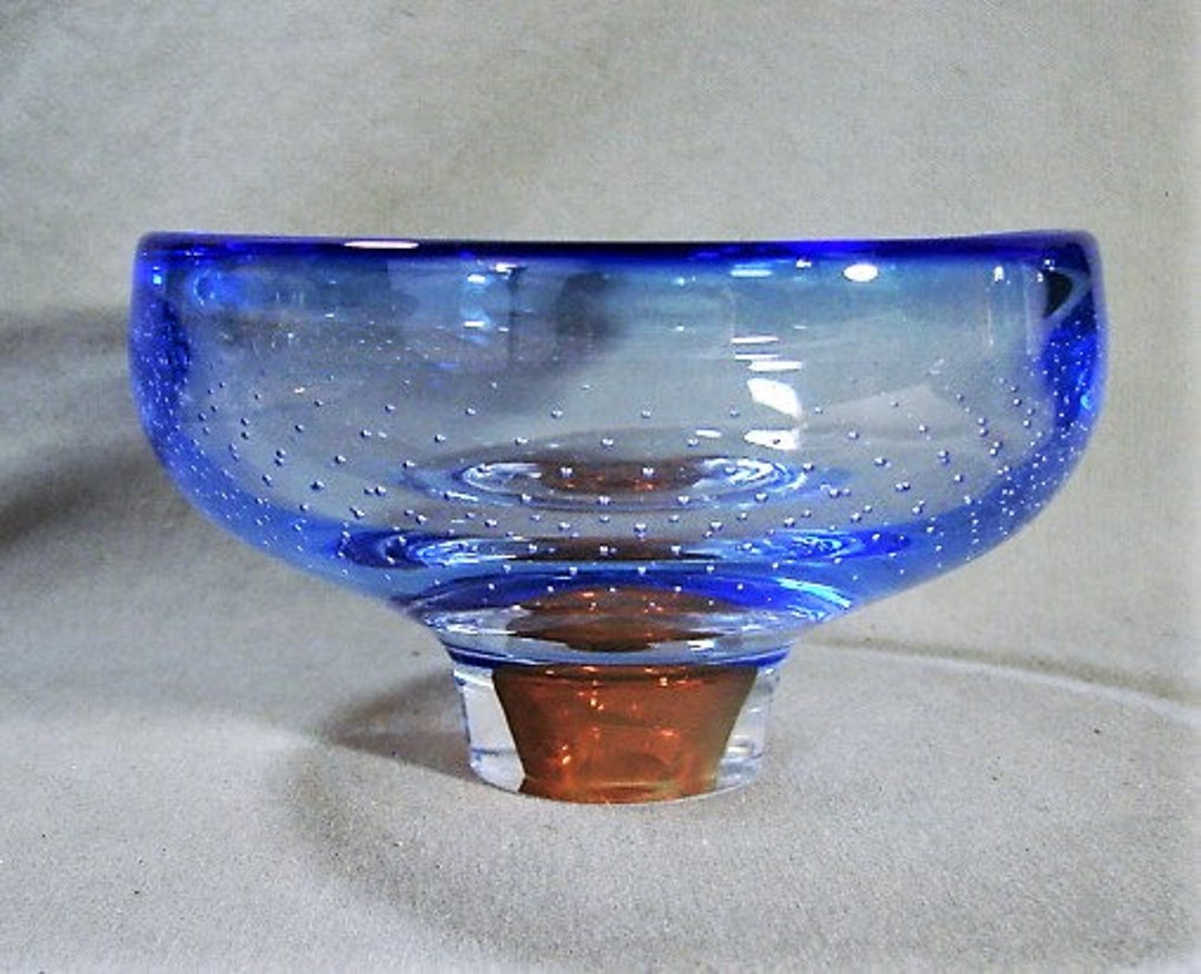 Kosta Boda Bubble Bowl by Goran Warff, Blue Clear Amber, Ca 1990