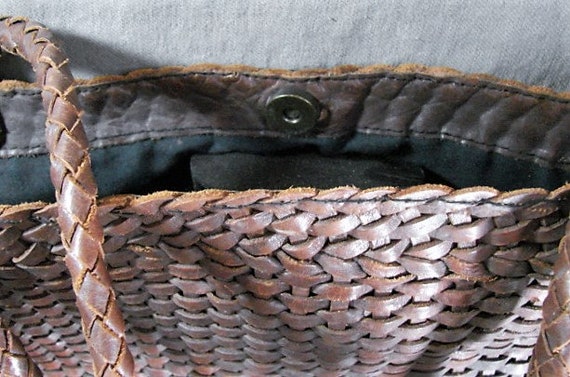 Huge J Peterman Woven Leather Tote Bag, Deep Brow… - image 9