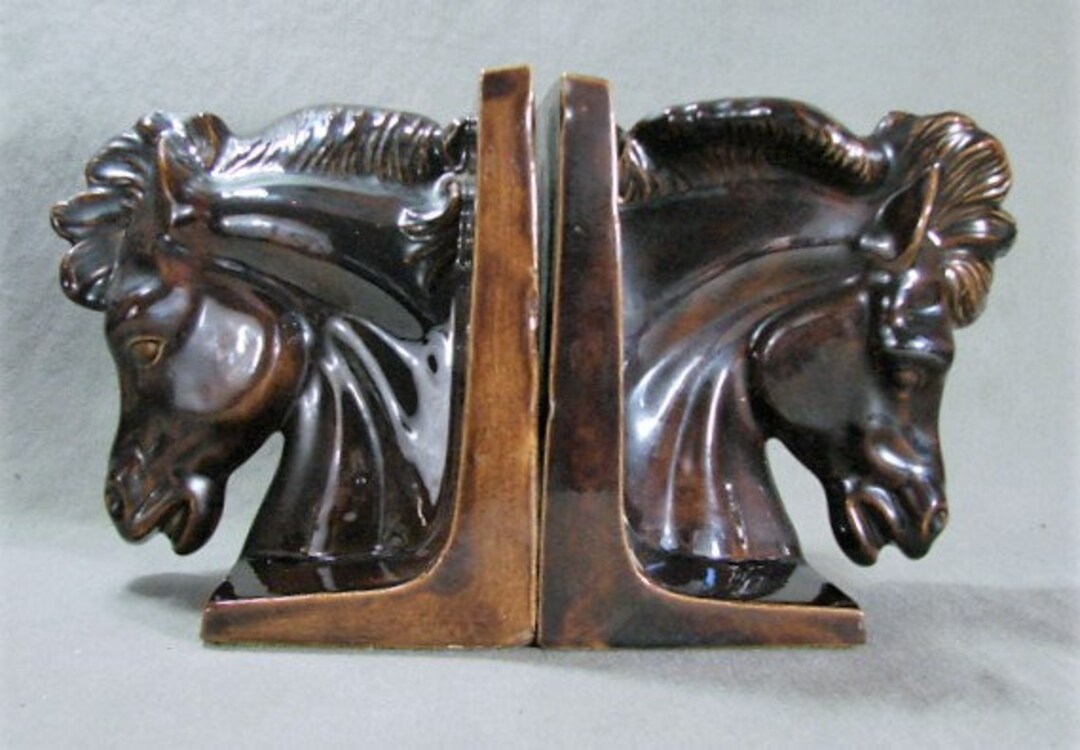 Pair Ceramic Horse Head Bookends Deep Brown Glaze Hand Etsy