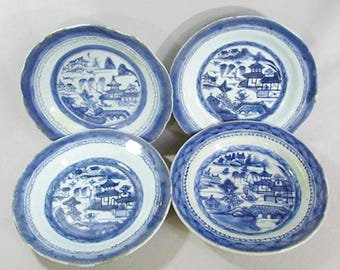 4 Canton Porcelain Bowls, Mid 19th Century, Blue and White with Pagoda Scenes, Old Repairs