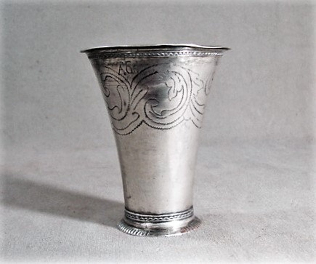 Silver German Beaker, Ca 1700, Etched Designs, Beaded Rims, Hallmarked ...