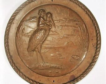 Charming Bronze Plaque - Stork and Child - Artist Signed