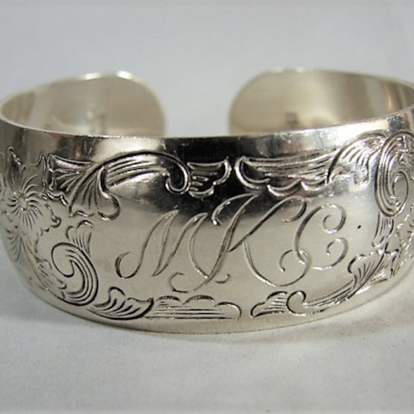 Kirk & Son Sterling CuFf Bracelet, Floral Etched Designs, Mid 20th Century, Violet Flowers