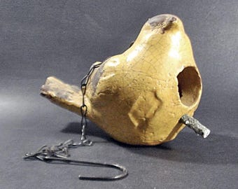 Ceramic Bird House, Shape of Yellow Bird, Small Birds Only, Black Metal Chain Attachment, Vintage Pottery