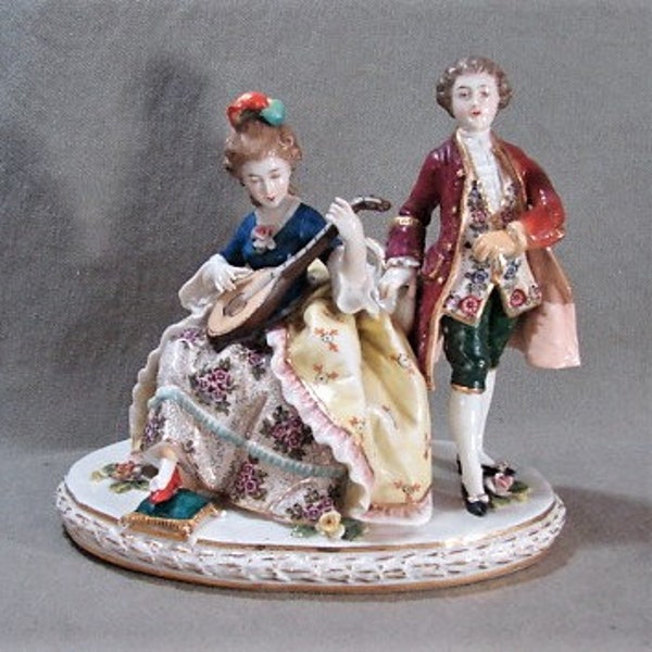 Dresden Porcelain Couple, Ludwigsburg Mark, Musical Instrument, Rococo Antique Elaborate Dress