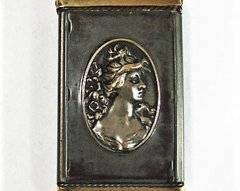 Art Nouveau Vesta or Match Safe - Lovely Woman in Profile - Advertising Item - Silver Plate Brass Steel