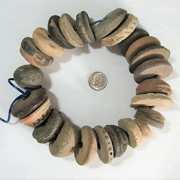 24 Precolumbian Spindle Whorl Ceramic Beads, Large Sizes, Varied Color and Shapes