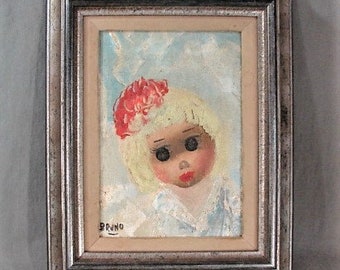 Big Eyed Child Painting, Mid Century, Oil on Canvas, Artist Signed, Silver Wood Frame