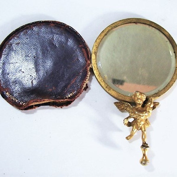 Gilt Small Mirror with Leather Pouch, Bijoux Cascio, Winged Cupid Handle, ca 1940