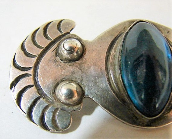Early Taxco 980 Silver Brooch, Blue Stone, Safety… - image 8