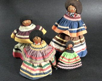 4 Vintage Seminole Dolls, Small Sizes, Nice Color and Details, Hand Made, Mid 20th Century