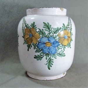 French Faience Tin Glaze Bulbous Vase, Large Size, Flowers and Draped Swags, Blue and Yellow Floral, ca 1800