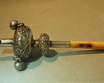Chinese Export Silver and Bone Baby Rattle and Whistle - 19th Century