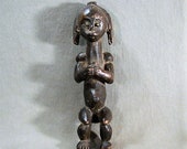 Small Fang Reliquary Figure, Stamding with Offering Cup, Brass Tack Eyes, Fine Carving, Dark Patina