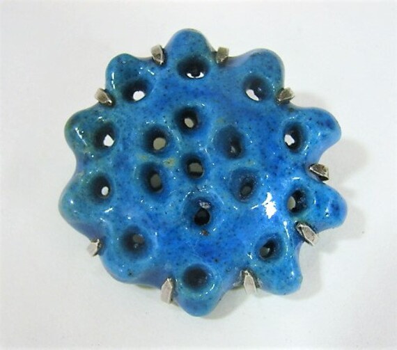 1960s Biomorphic Turquoise Faience and Silver Bro… - image 1