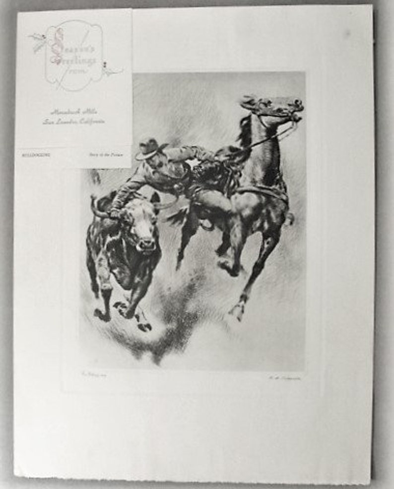 BULLDOGGING Etching by R H Palenske Talio-Chrome ca 1945