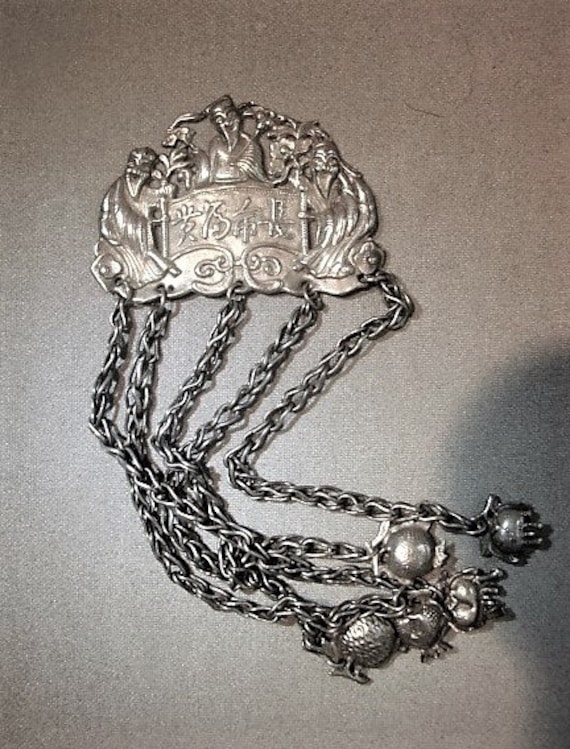 Chinese Silver Pendant with Hanging Chains and Fru