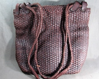 Huge J Peterman Woven Leather Tote Bag, Deep Brown Intrecciato, Fabric Lined, 1990s