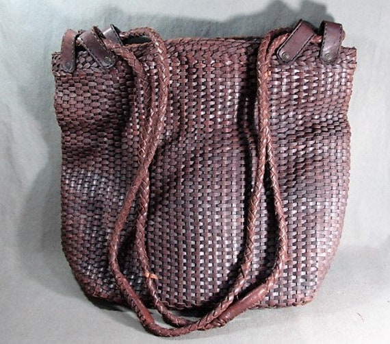 Huge J Peterman Woven Leather Tote Bag, Deep Brow… - image 1