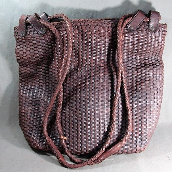 Huge J Peterman Woven Leather Tote Bag, Deep Brown Intrecciato, Fabric Lined, 1990s