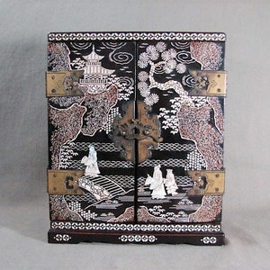 Lacquer MOP Jewelry Cabinet, Korean or Chinese, Beautiful Inlay, Engraved Brass Hinges, 2 Doors, 4 Lined Drawers, Gorgeous!