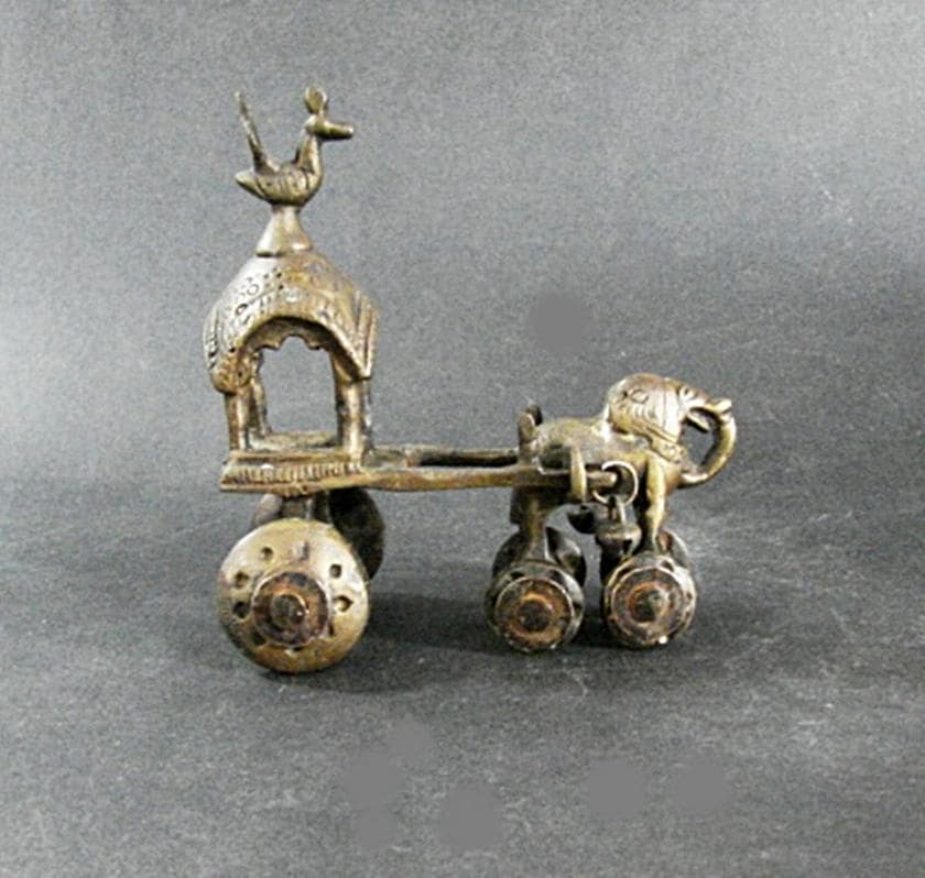 Antique Brass Temple Toy, Wagon and Elephant, India Ca 1920