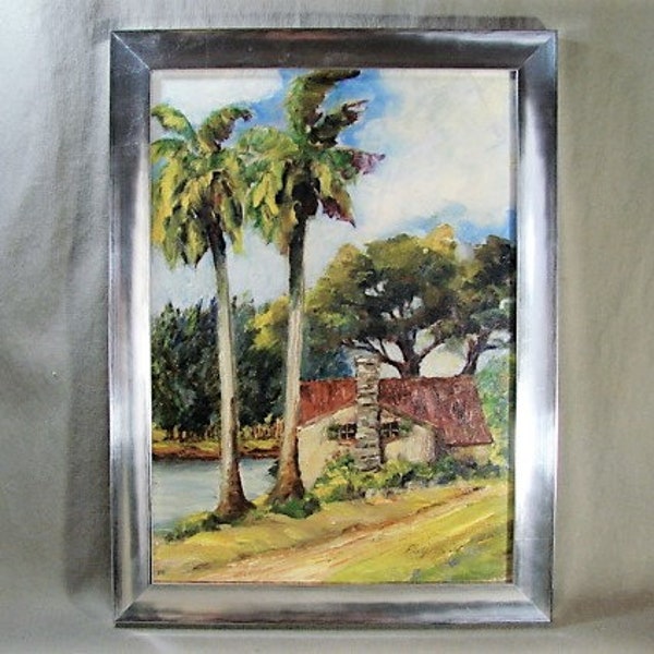 Oil on Board, Miami River  1942, Artist Signed, Tropical Palms and House