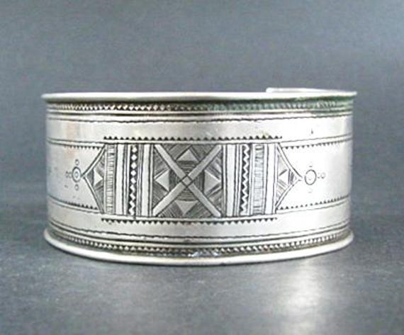 Silver Tuareg Cuff Bracelet, Wide With Fine Incised Designs, Mid