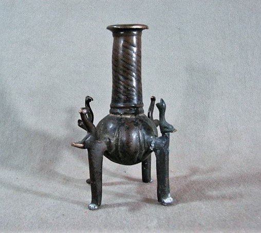 Ancient Bronze Kohl Pot, Four Legs With Bird Finials, Heavy Patina