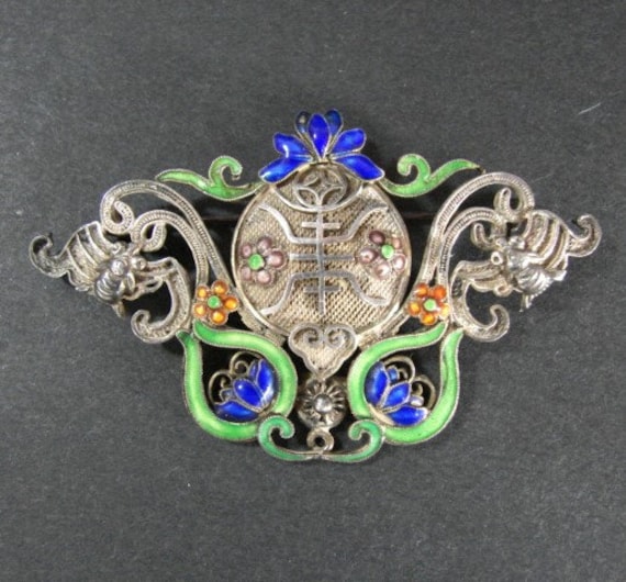 Chinese Silver Enamel Brooch with Leaves, Flowers,