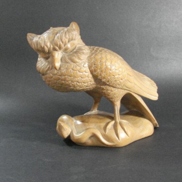 Vintage Wood Owl and Snake, Light Color Hardwood, Hand Carved Sculpture