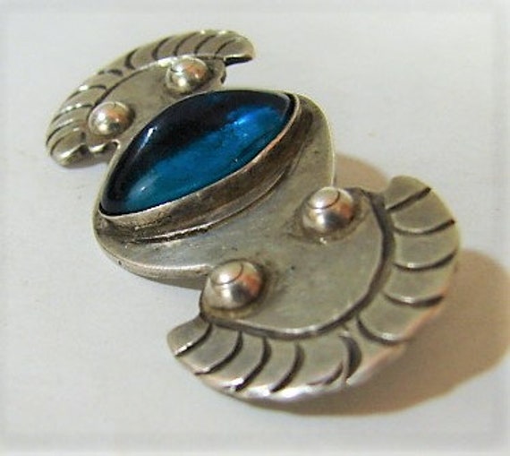 Early Taxco 980 Silver Brooch, Blue Stone, Safety… - image 3