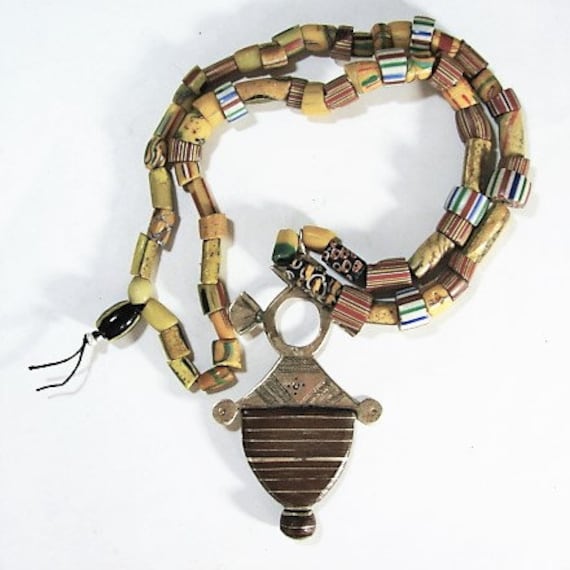 26" Venetian Trade Bead Necklace with Tuareg Bronz