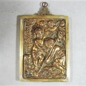 Gilded Bronze Bas Relief - Putti with Banner and Staff - Renaissance Style - 18th Century - Signed