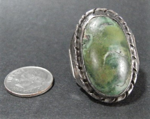 Huge Sterling Green Stone Ring, 9 1/2", Antique o… - image 3