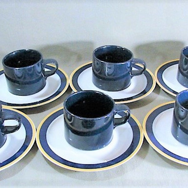 6 Dansk Cups and Saucers, Blue White Gold, Bistro and Flora Patterns, ca 1990, Kobenstyle