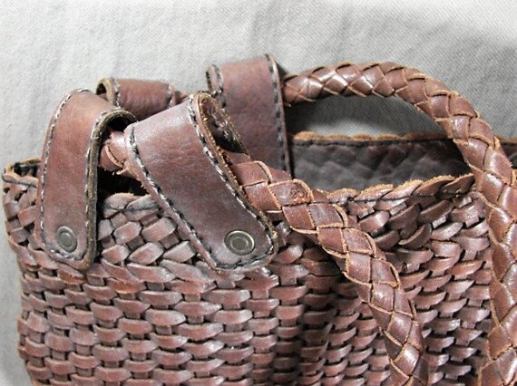 Huge J Peterman Woven Leather Tote Bag, Deep Brow… - image 4