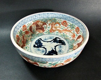 Edo Era Imari Bowl, Large Size, Double Bottom Rim, Underglaze Blue with Iron Red, Green, Yellow Enamel, Gilding