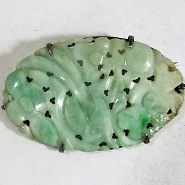 Carved Jade and Sterling Brooch, Chinese Jadeite,  Celadon with Green Hues