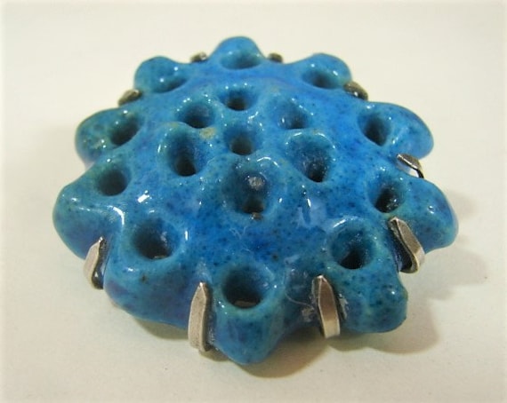 1960s Biomorphic Turquoise Faience and Silver Bro… - image 2