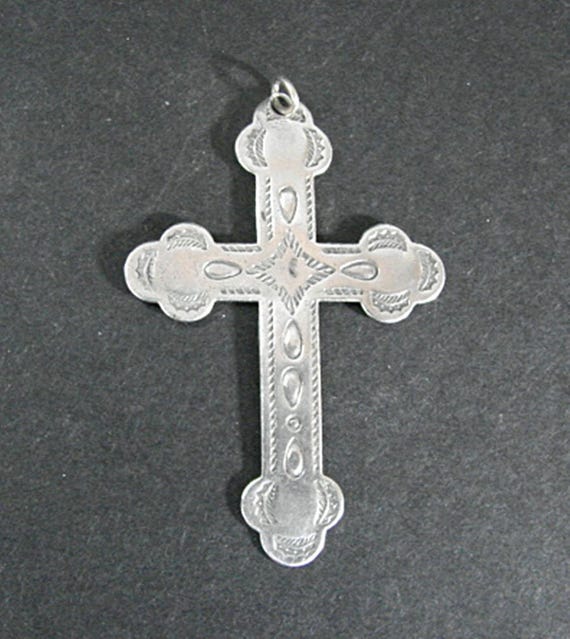 Bell Trading Co Sterling Cross, Navajo Stamped Designs, Mid 20th Century