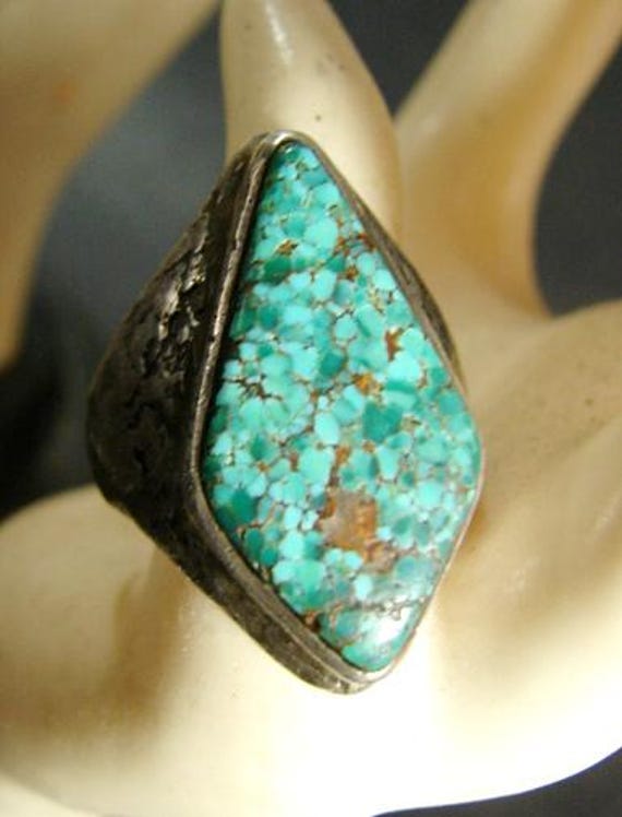 Large Dramatic Sterling and Turquoise Ring, Diamo… - image 6